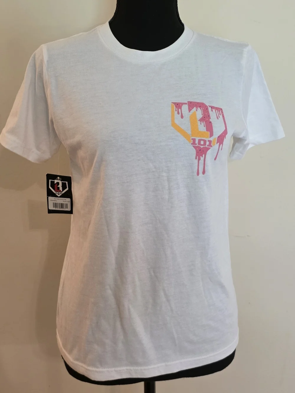 Girl's BASEBALL LIFESTYLE White Short Sleeve Tee w/ Pink & Yellow Logo (Size YL) - Picture 2 of 9